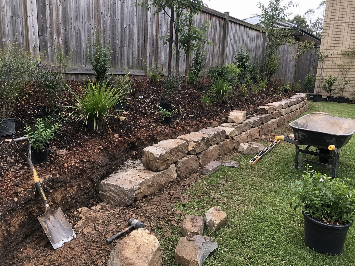Stone retaining wall and landscape construction project in inner-north Melbourne